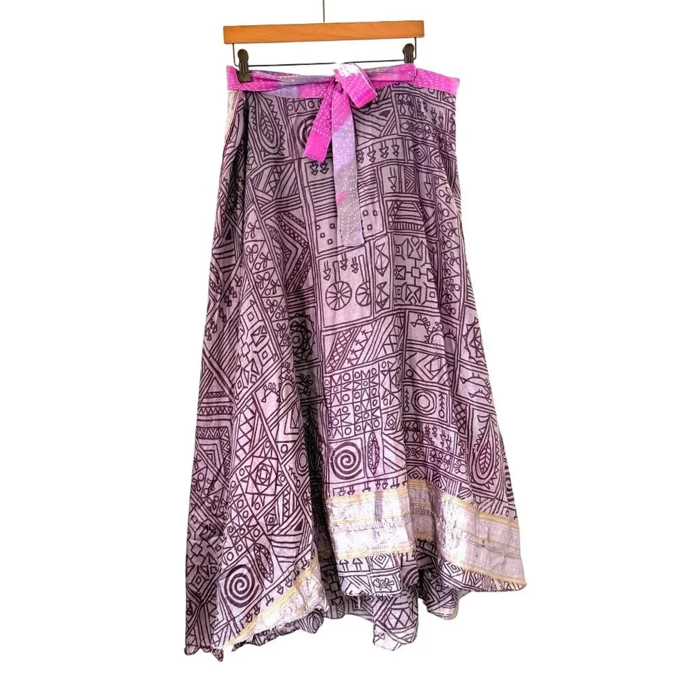 Boho Reversible Wrap Skirt Silk Purple Pink Tie Hippie Indie Fairy Layered - Picture 3 of 12